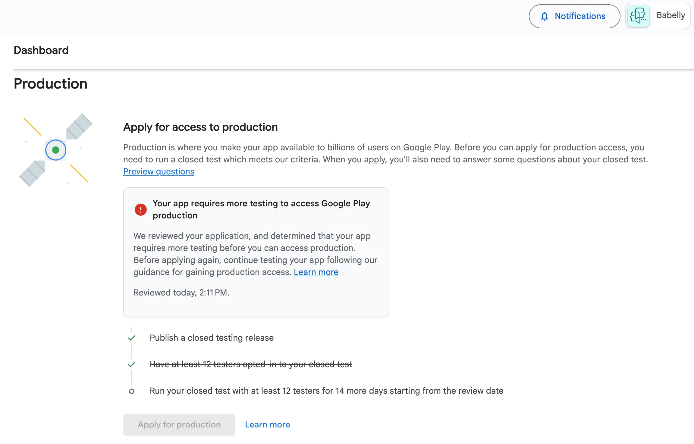 Google Play Console showing 'More testing required — your app needs at least 12 testers opted in for 14 days'
